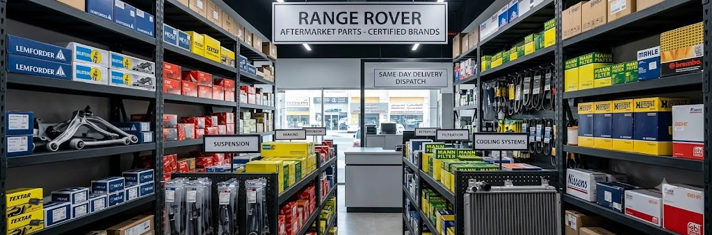Range Rover aftermarket parts shop Dubai - shelves of quality aftermarket Land Rover components ready for same-day delivery