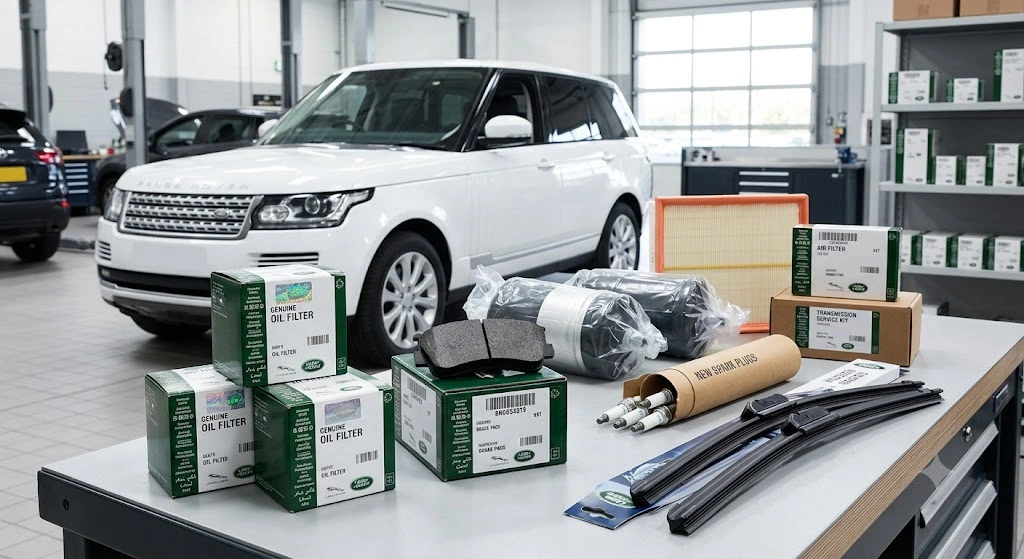 Range Rover genuine parts shop Dubai displaying original Land Rover parts in manufacturer packaging