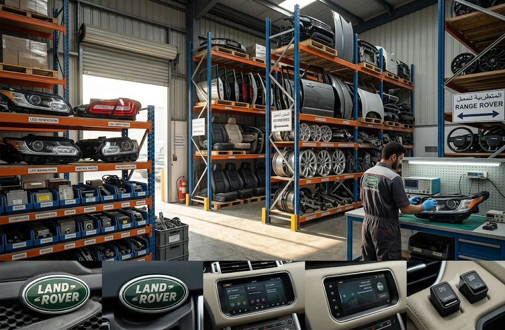 Range Rover used parts shop Dubai - inspected used and refurbished Land Rover spare parts on warehouse shelves