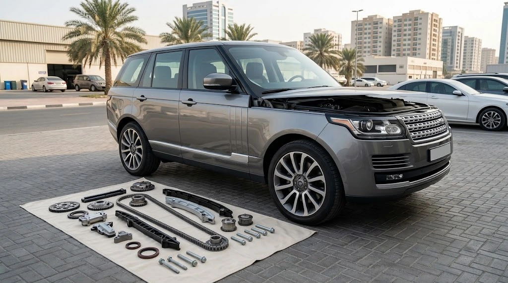 Range Rover timing chain kit Sharjah with chain, guides and tensioners laid out for a Land Rover engine